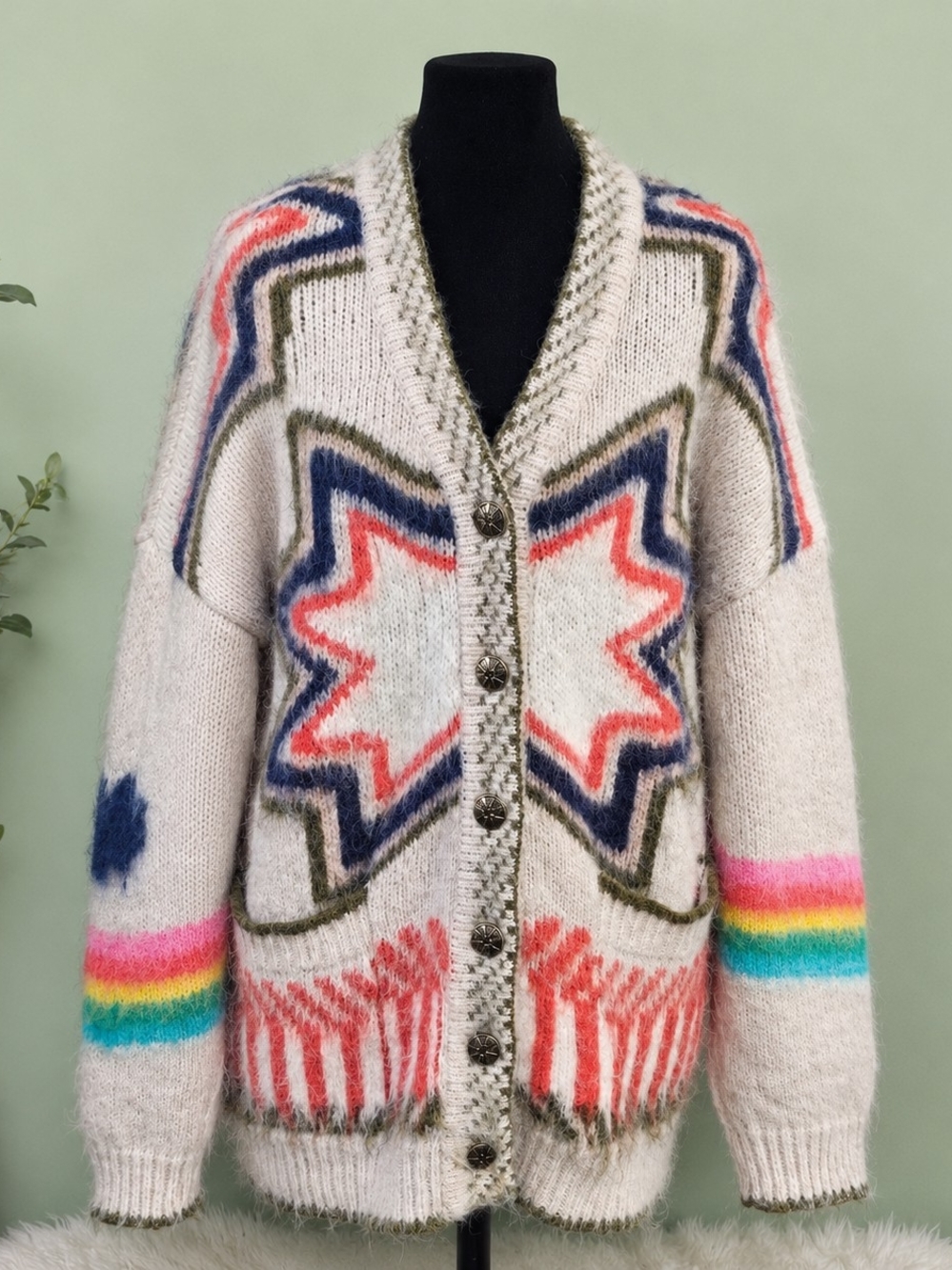 Commense Oversized Shag Knit Cardigan Sweater XS Rainbow Star Pattern Soft Cozy